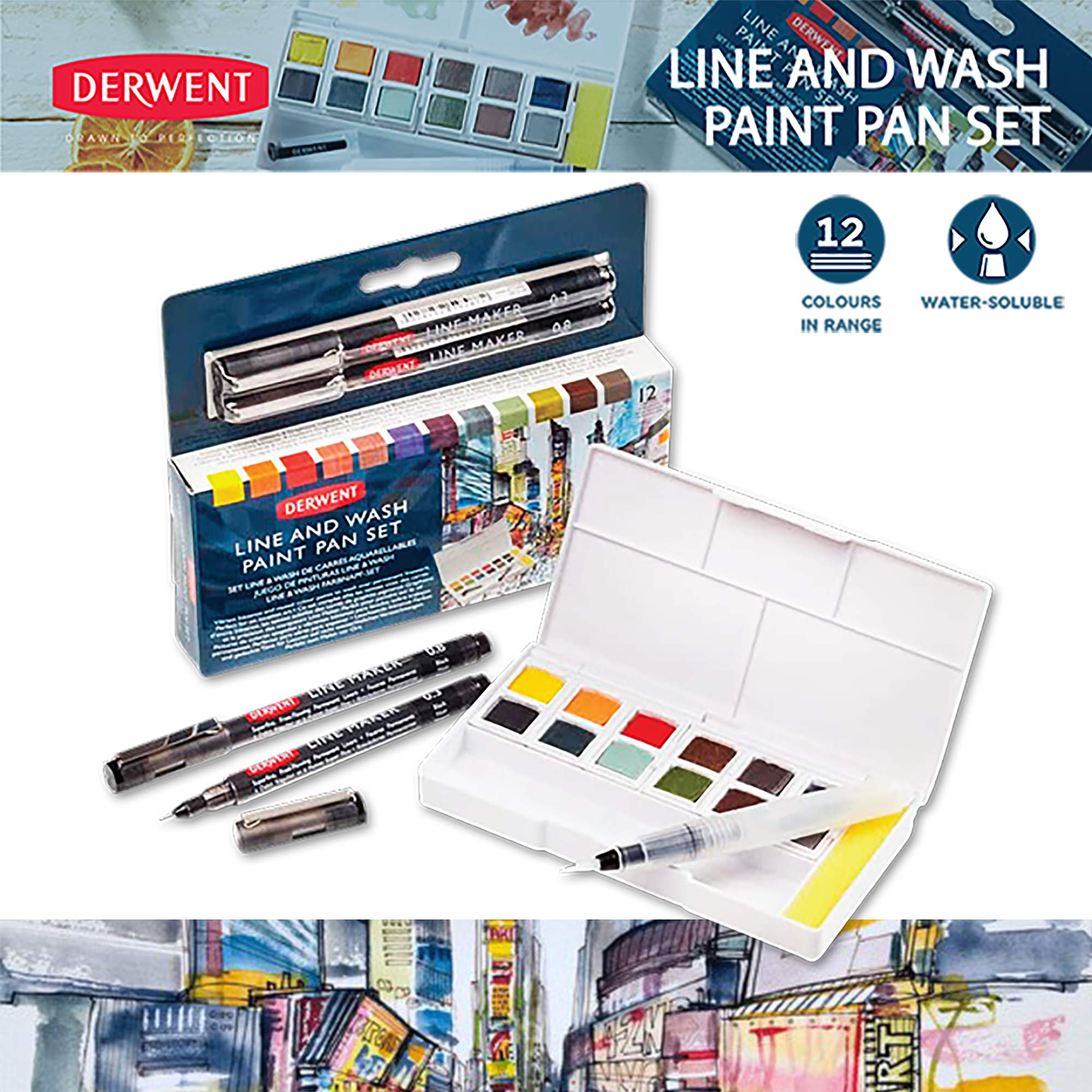 Derwent Line & Wash Paint Pan 12 Color Set